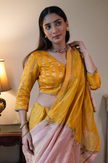 Shorshe Clothing_Yellow Metallic Thread, Zari V-, Boat Nursat Stripe Pattern Blouse _Online_at_Aza_Fashions