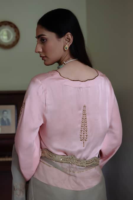 Shorshe Clothing_Pink Modal, Silk Embroidery Round Neck Ashok Scallop Blouse _Online_at_Aza_Fashions