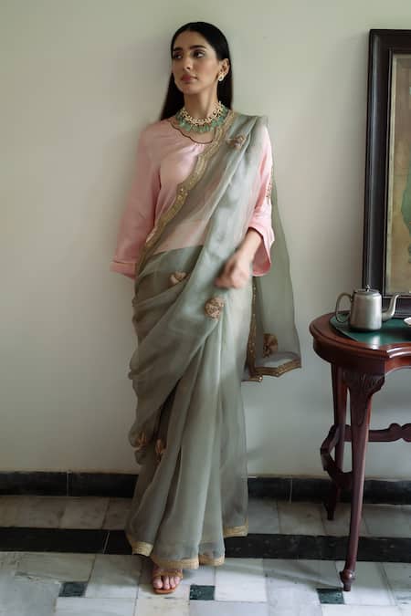 Buy_Shorshe Clothing_Pink Modal, Silk Embroidery Round Neck Ashok Scallop Blouse _Online_at_Aza_Fashions