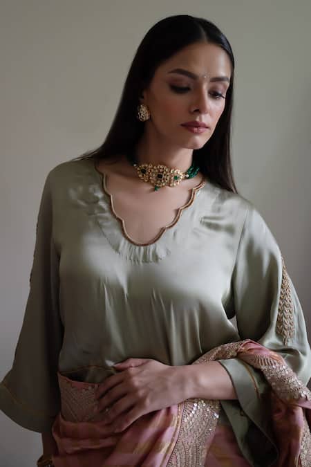 Shorshe Clothing Green Modal, Silk Zari, Embroidery Ashok Scallop Blouse 