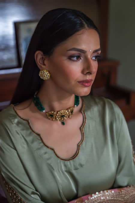 Shorshe Clothing_Green Modal, Silk Zari, Embroidery Ashok Scallop Blouse _Online_at_Aza_Fashions