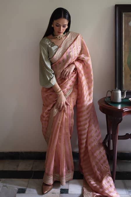 Buy_Shorshe Clothing_Green Modal, Silk Zari, Embroidery Ashok Scallop Blouse _Online_at_Aza_Fashions