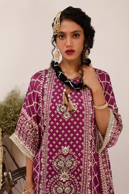 Surkh Syahi_Purple Crepe Mirrors, Foil Printing, Embroidery Split Son Chidhaiya Kaftan Set _Online_at_Aza_Fashions