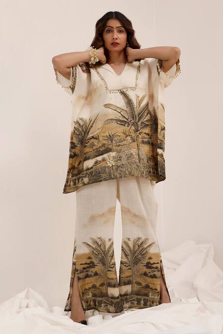 Surkh Syahi_Off White Linen V-neck Vanya Kaftan Pant Set _Online_at_Aza_Fashions