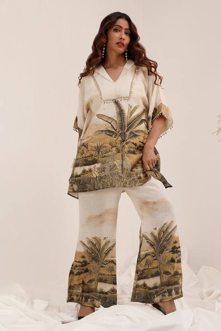 Buy_Surkh Syahi_Off White Linen V-neck Vanya Kaftan Pant Set _Online_at_Aza_Fashions
