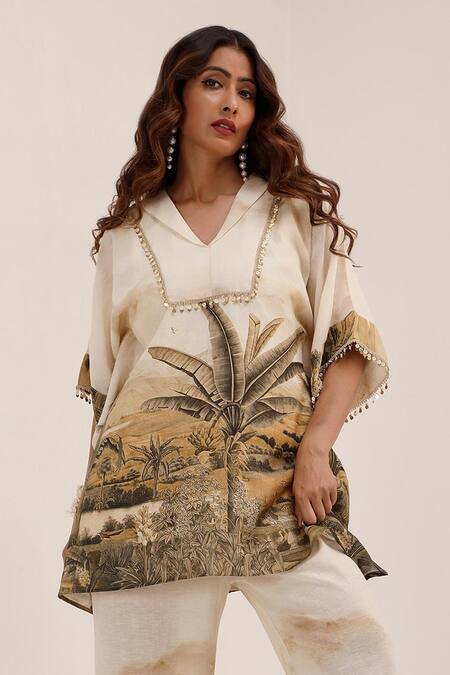 Shop_Surkh Syahi_Off White Linen V-neck Vanya Kaftan Pant Set _Online_at_Aza_Fashions