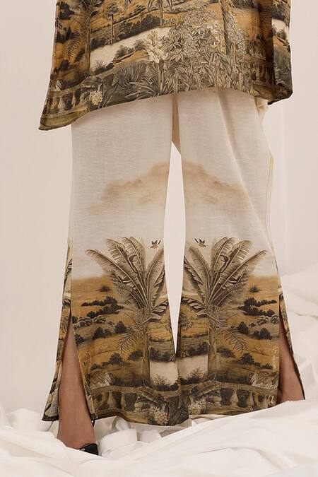 Surkh Syahi_Off White Linen V-neck Vanya Kaftan Pant Set _at_Aza_Fashions