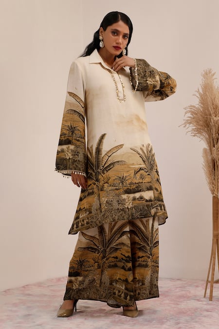 Surkh Syahi_Off White Linen Beads Collared Vanya Tunic Palazzo Set _Online_at_Aza_Fashions