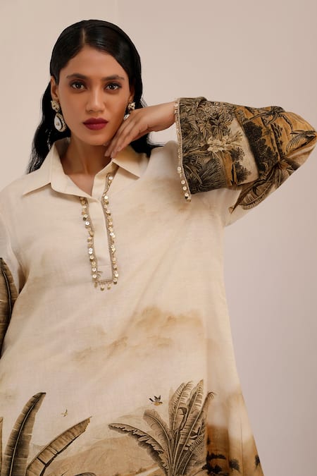 Buy_Surkh Syahi_Off White Linen Beads Collared Vanya Tunic Palazzo Set _Online_at_Aza_Fashions