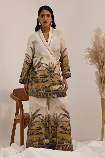 Buy_Surkh Syahi_Off White Linen Round Neck Vanya Blazer Palazzo Set 