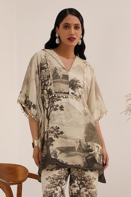 Surkh Syahi_Gray Linen V-neck Vanya Kaftan Set _Online_at_Aza_Fashions