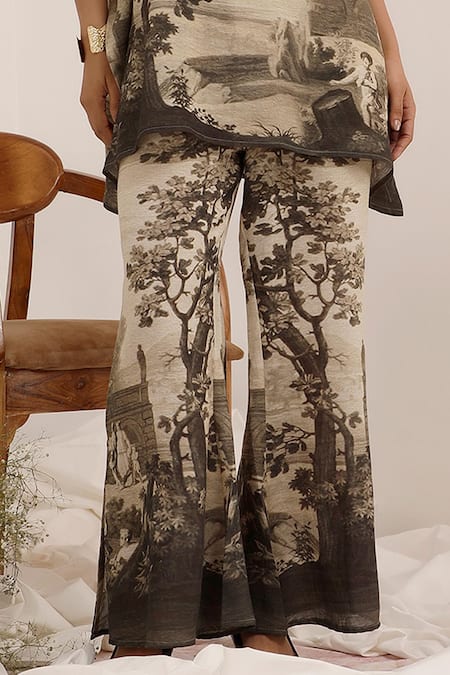 Buy_Surkh Syahi_Gray Linen V-neck Vanya Kaftan Set _Online_at_Aza_Fashions