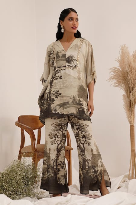 Shop_Surkh Syahi_Gray Linen V-neck Vanya Kaftan Set _Online_at_Aza_Fashions