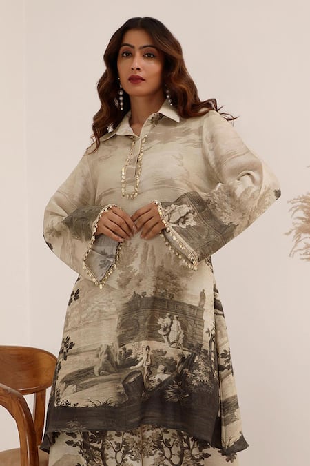 Buy_Surkh Syahi_Gray Linen Collared Vanya Tunic Set _Online_at_Aza_Fashions