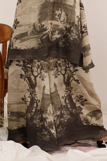 Shop_Surkh Syahi_Gray Linen Collared Vanya Tunic Set _Online_at_Aza_Fashions