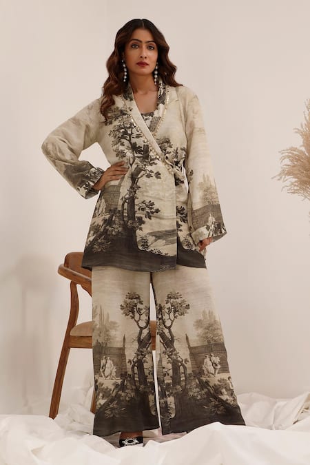 Shop_Surkh Syahi_Gray Linen Vanya Blazer Set _Online_at_Aza_Fashions