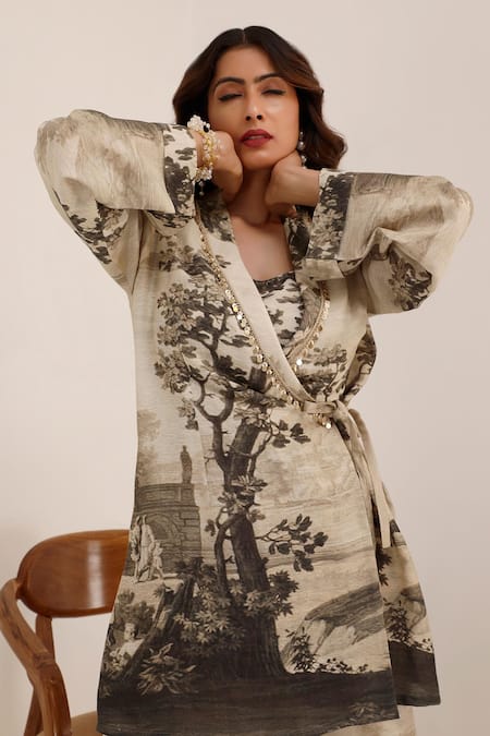 Surkh Syahi_Gray Linen Vanya Blazer Set _at_Aza_Fashions