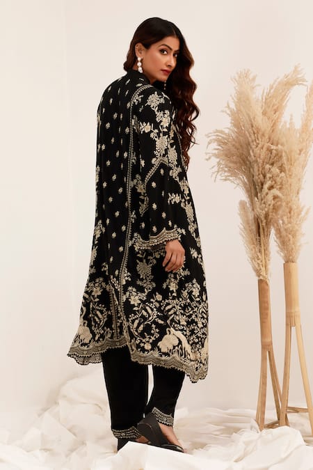 Shop_Surkh Syahi_Black Crepe Embroidery, Metallic Thread Gulshan A-line Kurta With Dhoti Pant _at_Aza_Fashions