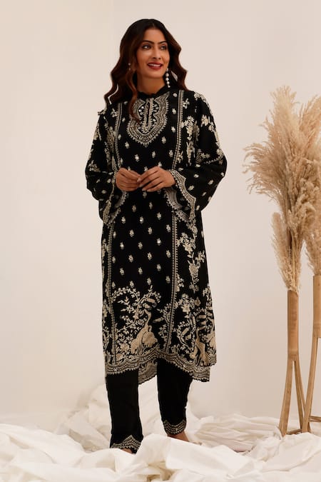 Surkh Syahi_Black Crepe Embroidery, Metallic Thread Gulshan A-line Kurta With Dhoti Pant _Online_at_Aza_Fashions