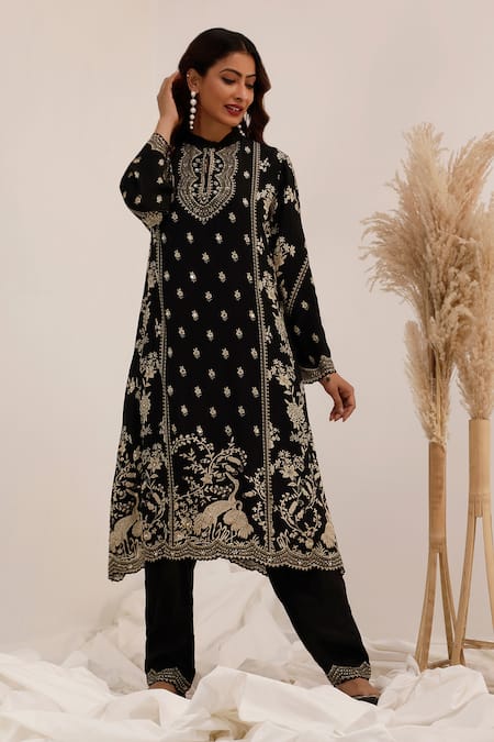 Buy_Surkh Syahi_Black Crepe Embroidery, Metallic Thread Gulshan A-line Kurta With Dhoti Pant _Online_at_Aza_Fashions