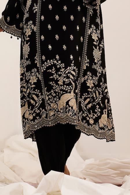 Shop_Surkh Syahi_Black Crepe Embroidery, Metallic Thread Gulshan A-line Kurta With Dhoti Pant _Online_at_Aza_Fashions