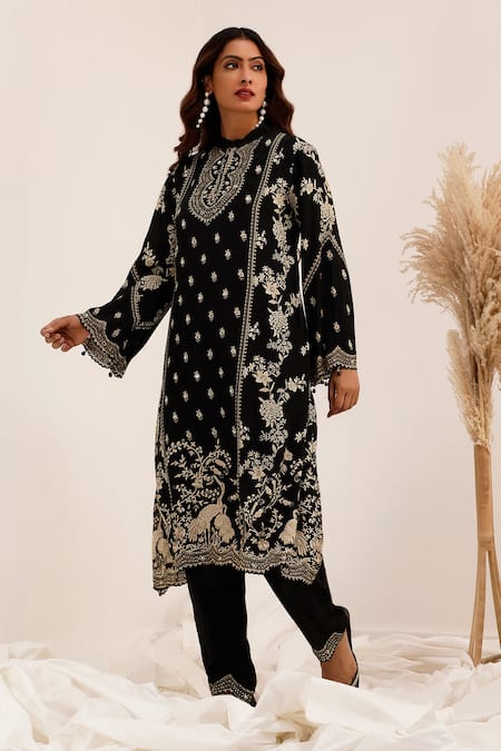 Surkh Syahi_Black Crepe Embroidery, Metallic Thread Gulshan A-line Kurta With Dhoti Pant _at_Aza_Fashions