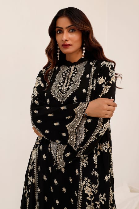 Shop_Surkh Syahi_Black Crepe Embroidery, Metallic Thread Gulshan A-line Kurta With Dhoti Pant 