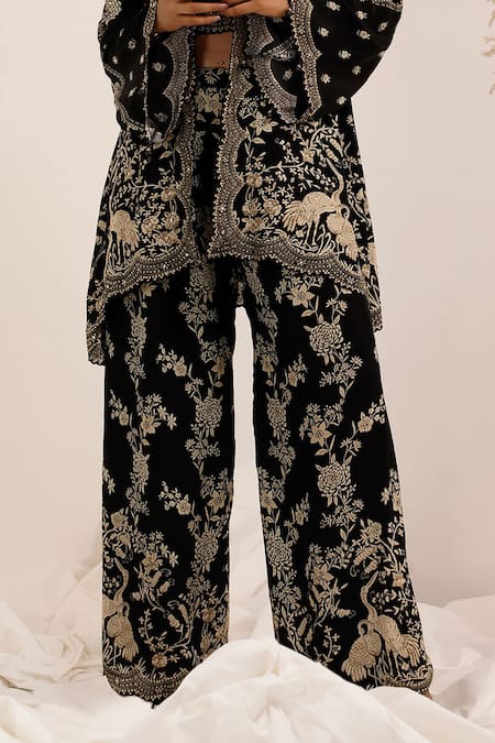 Buy_Surkh Syahi_Black Crepe Embroidery Open , Round Gulshan Co-ord Pant Set _Online_at_Aza_Fashions