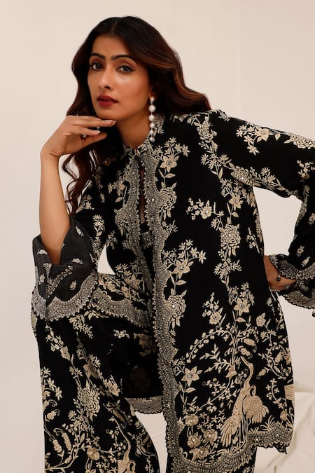 Shop_Surkh Syahi_Black Crepe Embroidery Open , Round Gulshan Co-ord Pant Set _Online_at_Aza_Fashions