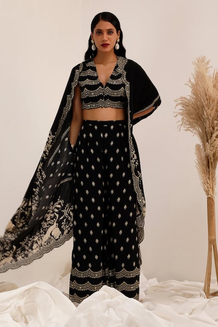 Surkh Syahi_Black Crepe Embroidery Round Neck, Gulshan Cape Set _Online_at_Aza_Fashions