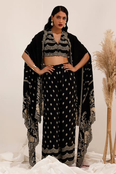 Shop_Surkh Syahi_Black Crepe Embroidery Round Neck, Gulshan Cape Set _Online_at_Aza_Fashions