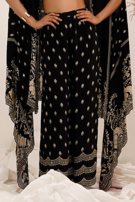 Surkh Syahi_Black Crepe Embroidery Round Neck, Gulshan Cape Set _at_Aza_Fashions