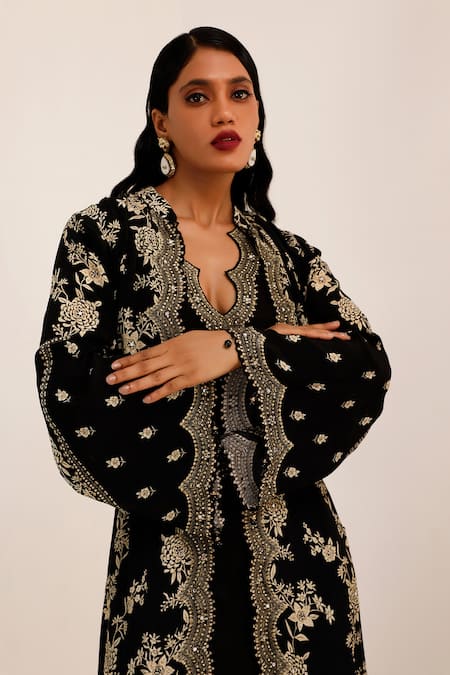 Buy_Surkh Syahi_Black Crepe Embroidery V-neck Gulshan Long Jacket Set _Online_at_Aza_Fashions