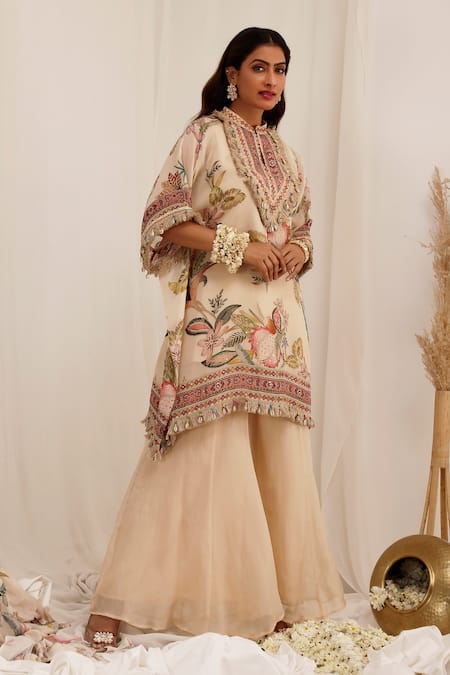 Buy_Surkh Syahi_Beige Organza Embroidery, Fringe Mandarin Collar Madhaniya Kaftan Set _Online_at_Aza_Fashions