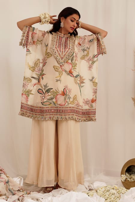 Shop_Surkh Syahi_Beige Organza Embroidery, Fringe Mandarin Collar Madhaniya Kaftan Set _Online_at_Aza_Fashions