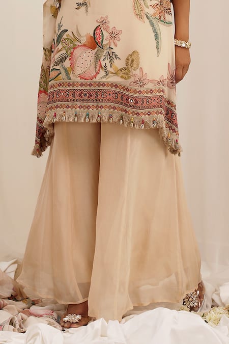 Surkh Syahi_Beige Organza Embroidery, Fringe Mandarin Collar Madhaniya Kaftan Set _at_Aza_Fashions