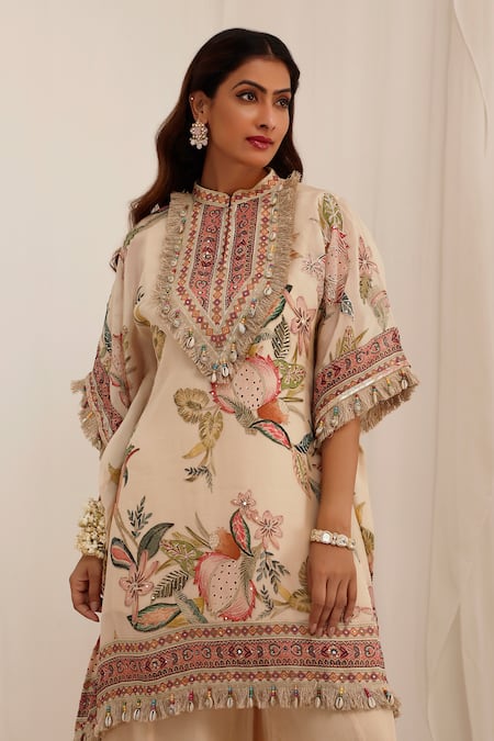 Buy_Surkh Syahi_Beige Organza Embroidery, Fringe Mandarin Collar Madhaniya Kaftan Set 