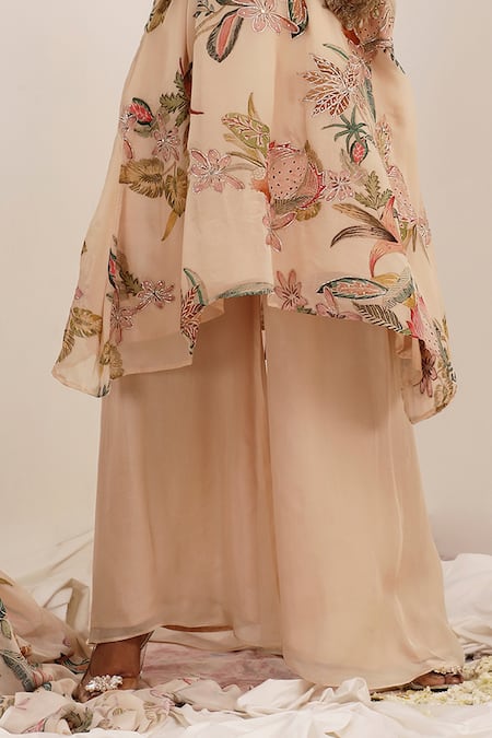 Buy_Surkh Syahi_Beige Organza V-neck Madhaniya A-line Kurta Set _Online_at_Aza_Fashions