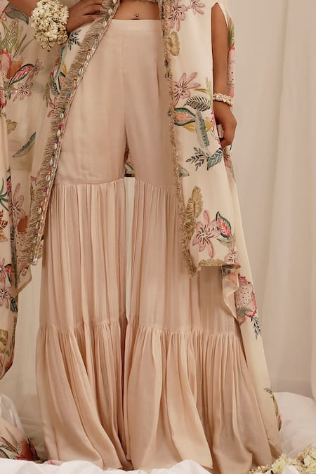 Buy Surkh Syahi Beige Organza Ruffles Round Neck Madhaniya Cape Set Online at Aza Fashions Buy_Surkh Syahi_Beige Organza Ruffles Round Neck Madhaniya Cape Set _Online_at_Aza_Fashions