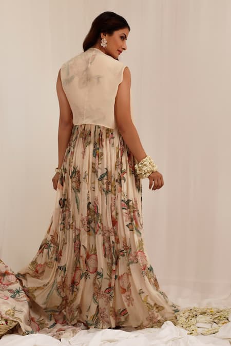 Shop_Surkh Syahi_Beige Organza Round , Open Madhaniya Anarkali With Jacket _at_Aza_Fashions