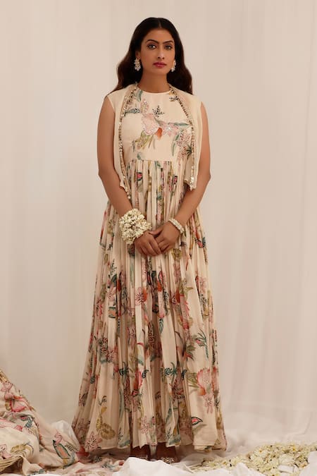 Surkh Syahi Beige Organza Round , Open Madhaniya Anarkali With Jacket 
