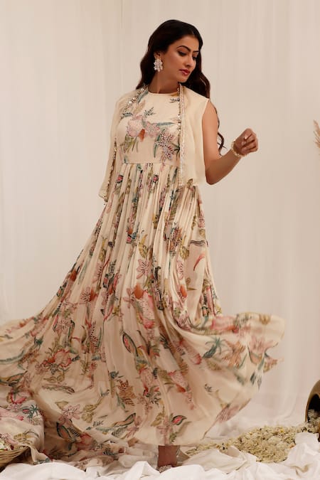 Surkh Syahi_Beige Organza Round , Open Madhaniya Anarkali With Jacket _Online_at_Aza_Fashions