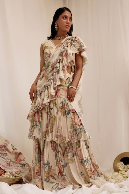 Surkh Syahi_Beige Chinon V-neck Madhaniya Draped Saree With Blouse _Online_at_Aza_Fashions