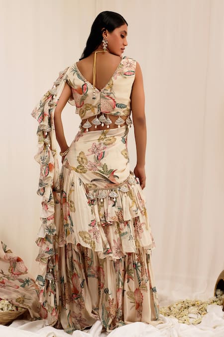 Shop_Surkh Syahi_Beige Chinon V-neck Madhaniya Draped Saree With Blouse _at_Aza_Fashions