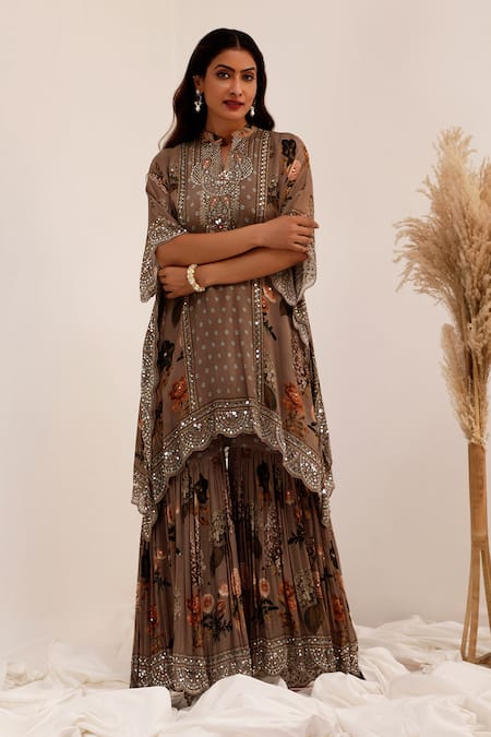 Surkh Syahi_Gray Chinon Mirrors Round Neck Aaina Asymmetric Kaftan Gharara Set _Online_at_Aza_Fashions