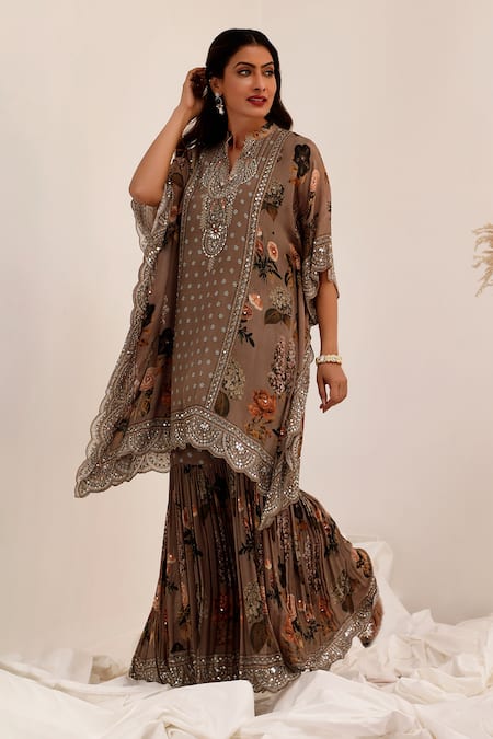 Buy_Surkh Syahi_Gray Chinon Mirrors Round Neck Aaina Asymmetric Kaftan Gharara Set _Online_at_Aza_Fashions