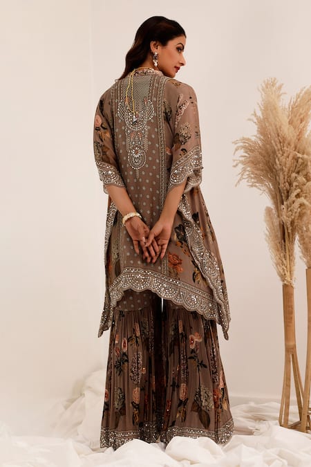 Surkh Syahi Aaina Asymmetric Kaftan Gharara Set 