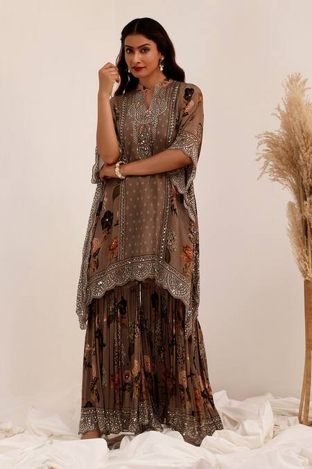 Shop_Surkh Syahi_Gray Chinon Mirrors Round Neck Aaina Asymmetric Kaftan Gharara Set _Online_at_Aza_Fashions