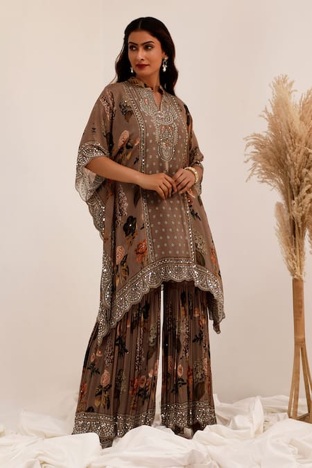 Surkh Syahi_Gray Chinon Mirrors Round Neck Aaina Asymmetric Kaftan Gharara Set _at_Aza_Fashions