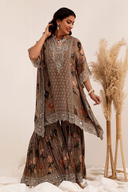 Buy_Surkh Syahi_Gray Chinon Mirrors Round Neck Aaina Asymmetric Kaftan Gharara Set 